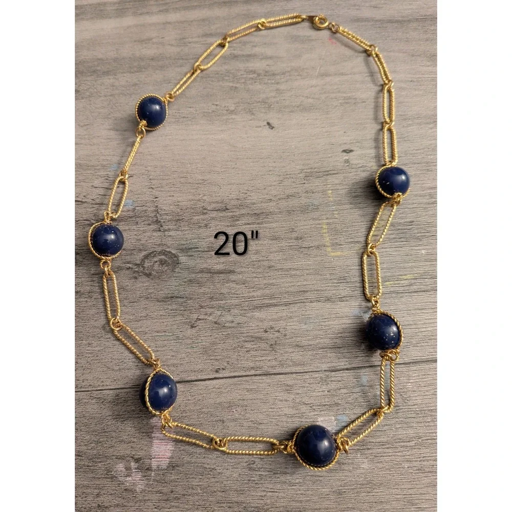 Vintage Navy Blue Gold Tone Station Necklace 20 Inch Twisted Rope Link Chain